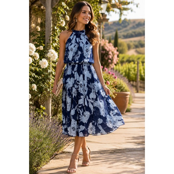 Eliza J Dresses & Skirts - Eliza J Navy Blue Floral Halter Neck Blouson Pleated Chiffon Dress Size 8